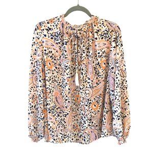 Nanette Lepore crepe chiffon boho animal print paisley peasant top. Size 1X